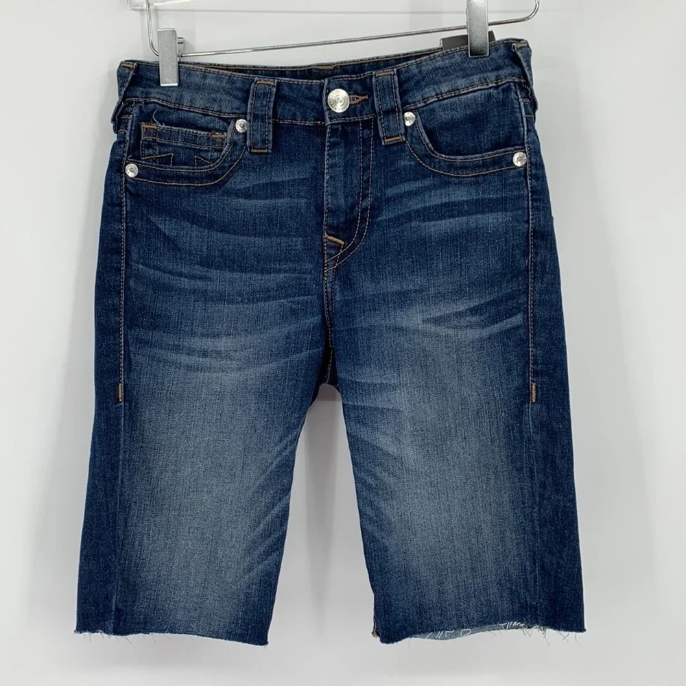 True Religion Riley knee length denim jean shorts long raw edge hem women new 27